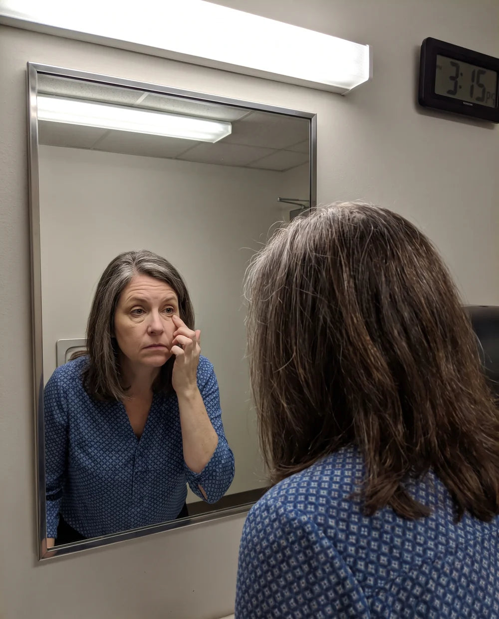 Woman in her late 50s looking at concealer that has creased into the lines under her eyes