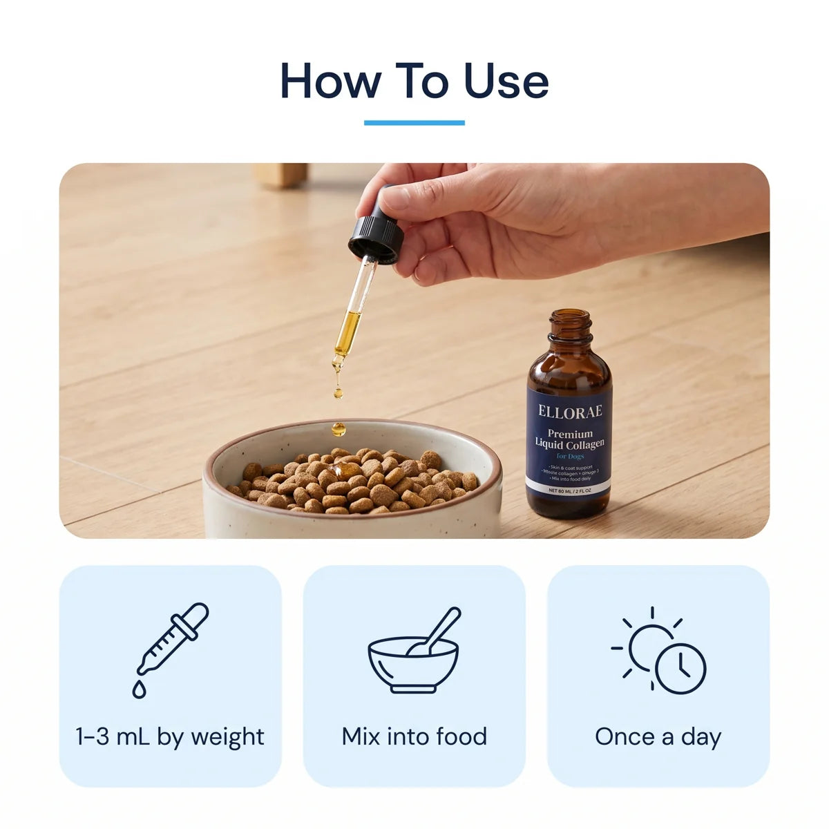 Dropper adding Ellorae liquid collagen to a bowl of dog food