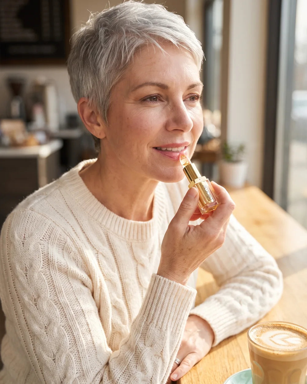 Woman with silver hair at a cafe swiping on the Ellorae lipstick without a mirror