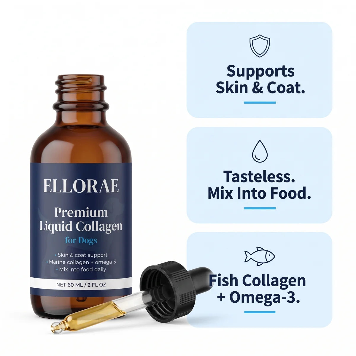 Ellorae Premium Liquid Collagen for Dogs: supports skin and coat, tasteless on food, fish collagen plus omega-3