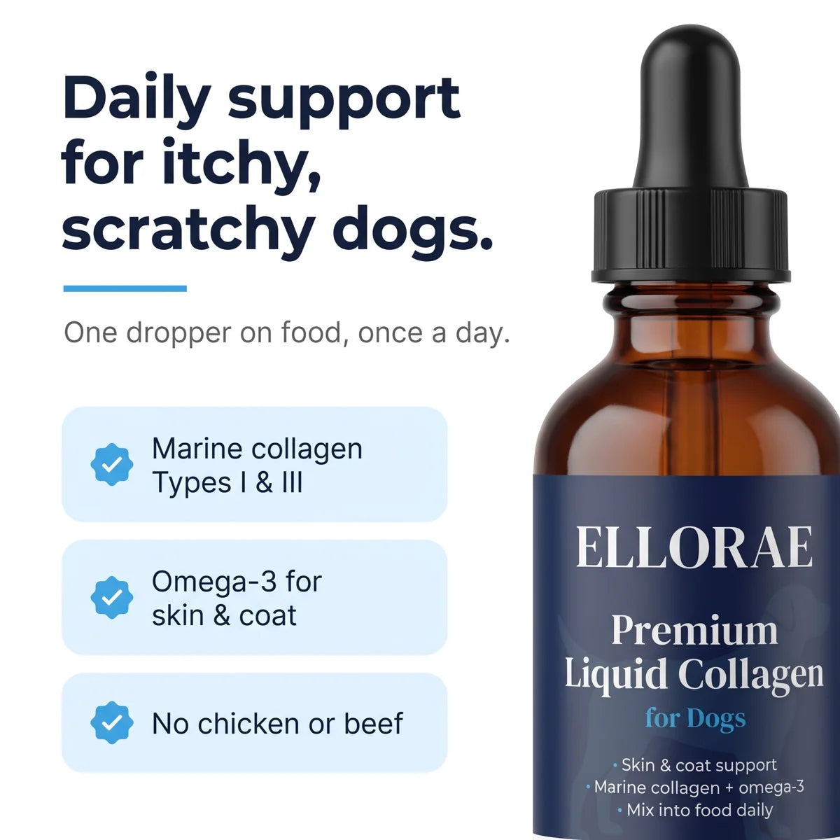 Daily support for itchy, scratchy dogs: one dropper on food, once a day
