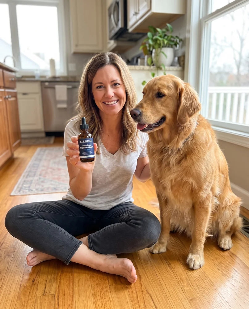 Woman sitting on her kitchen floor with her golden retriever, holding a bottle of Ellorae liquid collagen