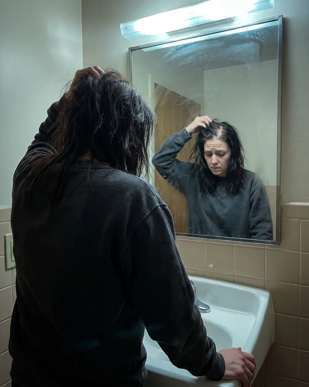 Woman under bathroom light lifting her hair to check her widening part