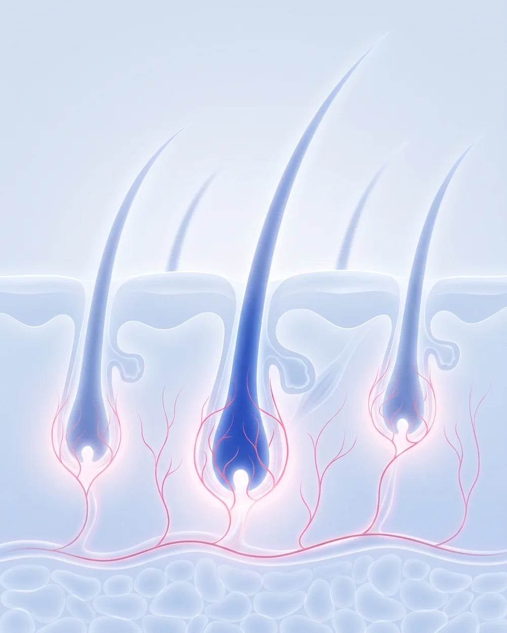 Illustration of hair follicles with tiny blood vessels wrapped around each root