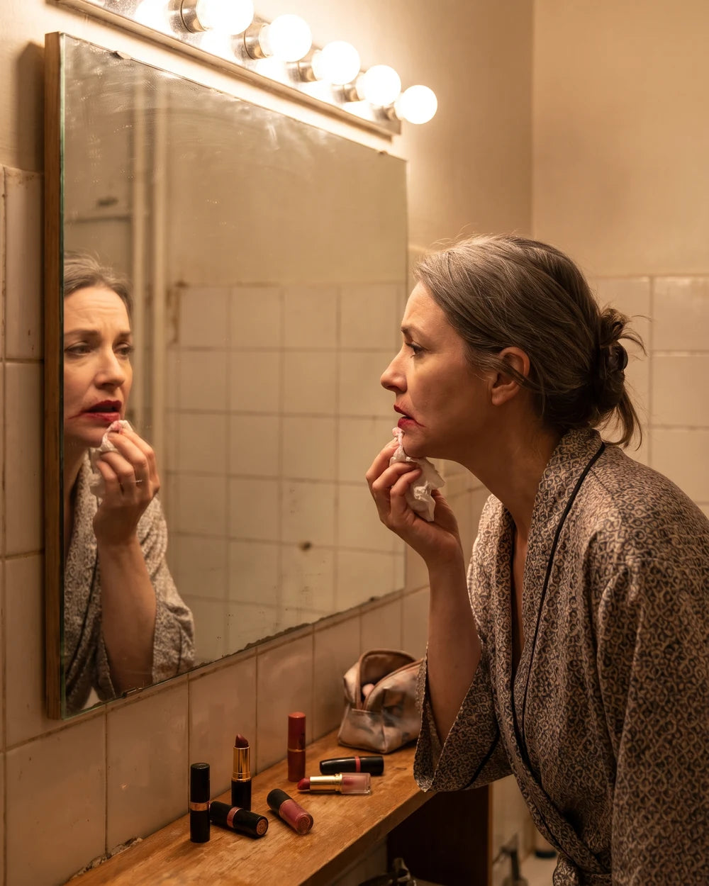 Woman at her bathroom mirror dabbing lipstick that has feathered into the lines around her lips