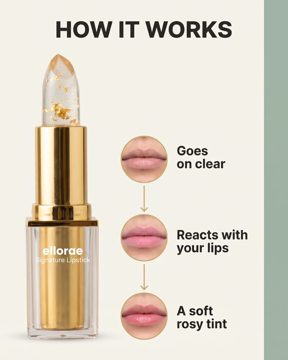 How it works: goes on clear, reacts with your lips, becomes a soft rosy tint