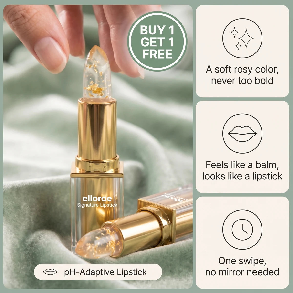Ellorae Signature Lipstick, a clear gold-flake lipstick: buy 1, get 1 free