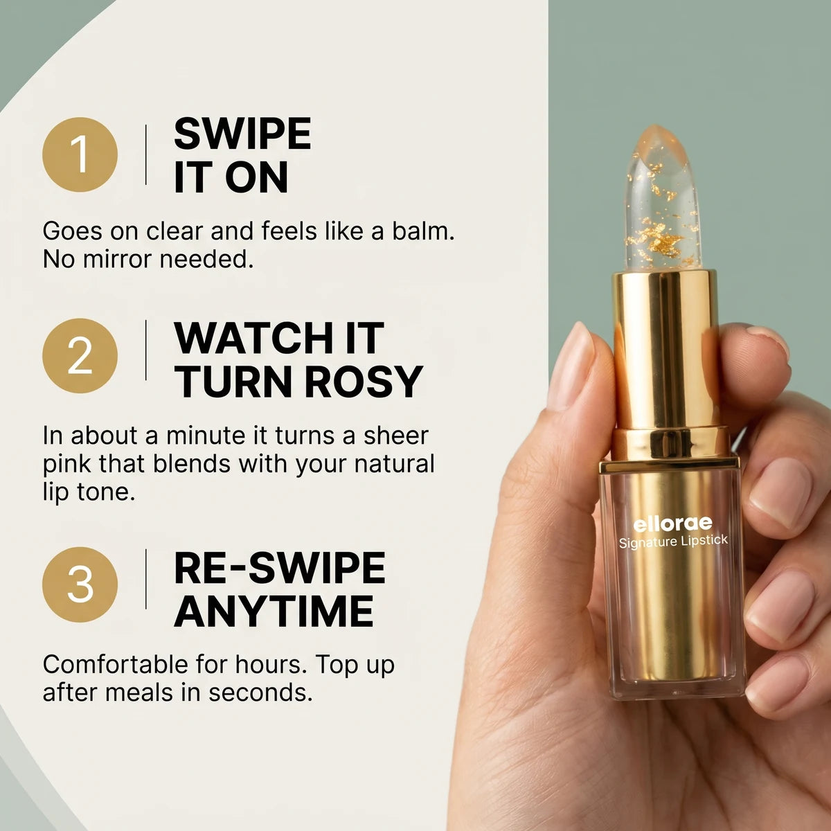 How to use: swipe it on, watch it turn rosy, re-swipe anytime